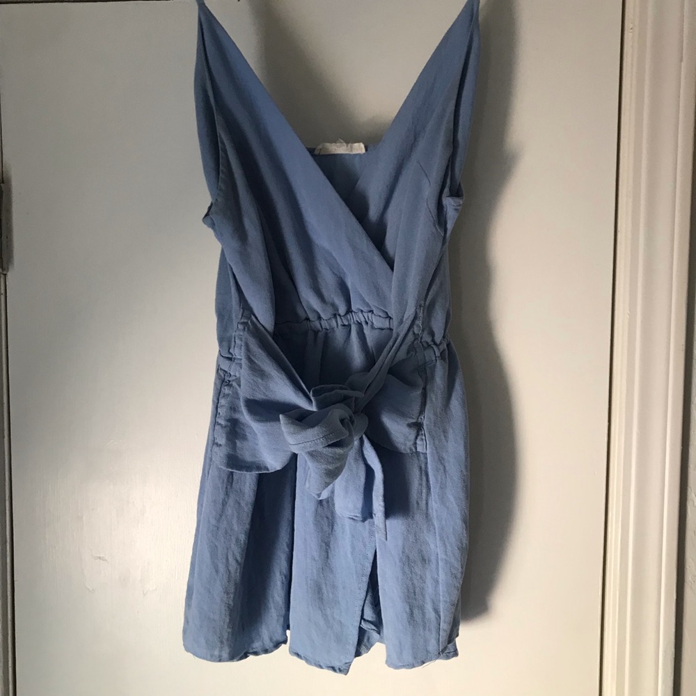 blue romper/dress with front tie detail